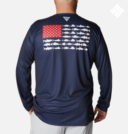 Men's Columbia PFG Terminal Tackle Fish Flag Long Sleeve Sweatshirts Navy | Plus Size CA-AAL31